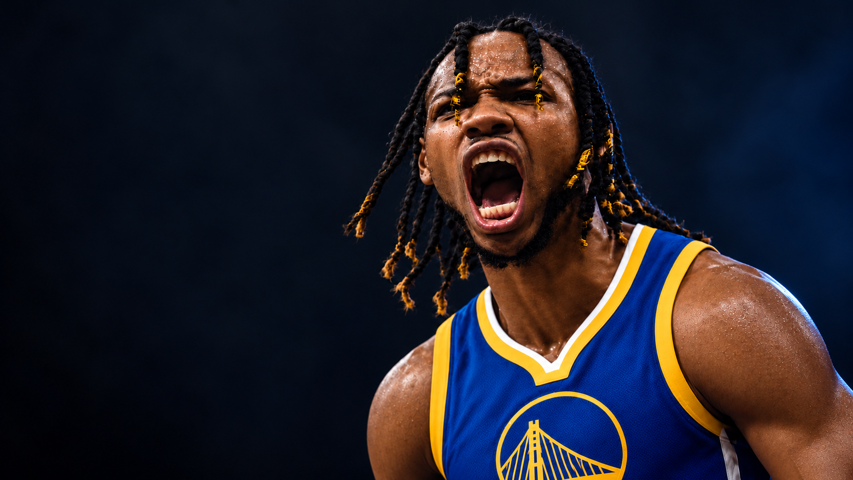 Clean portrait of Charles Bassey in a blue and gold Warriors jersey against a dark background.